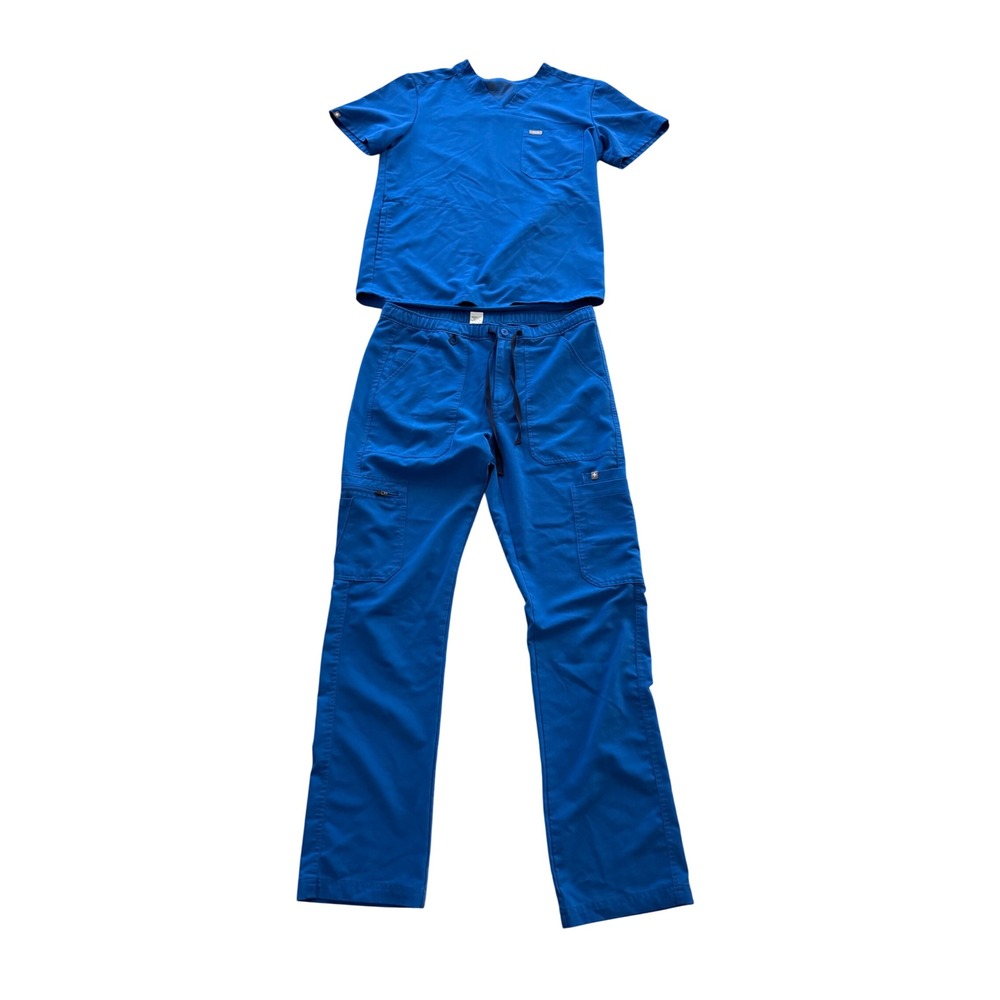 Figs Technical Collection Scrub Set Royal Blue V-Neck Top Cargo Pants Small Mens